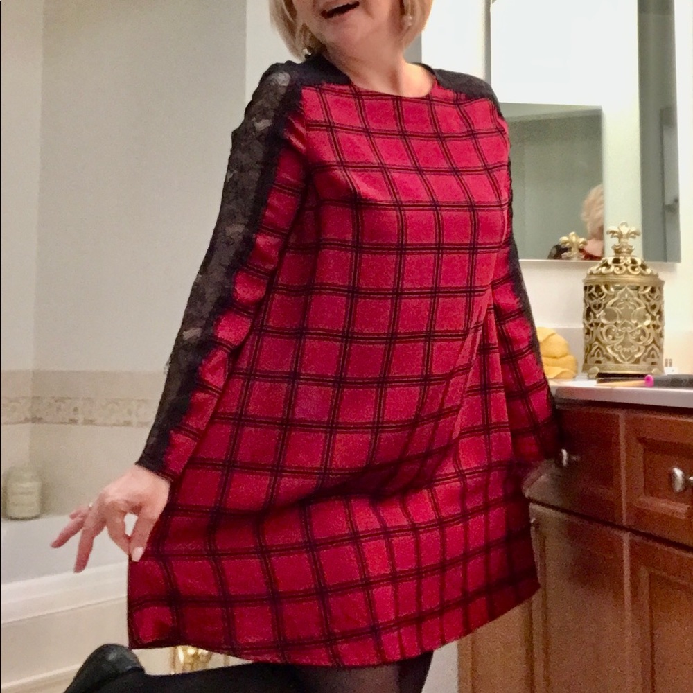 Gianni Bini Plaid Lace Long Sleeve A-Line Dress
